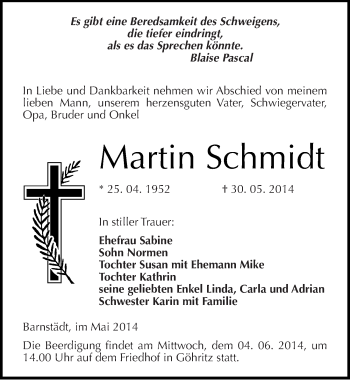 Traueranzeige von Martin Schmidt von Mitteldeutsche Zeitung Merseburg/Querfurt