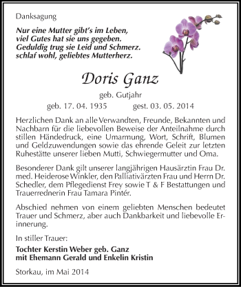 Traueranzeige von Doris Ganz von Mitteldeutsche Zeitung Weißenfels
