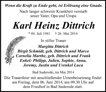 Traueranzeige von Karl Heinz Dittrich von Mitteldeutsche Zeitung Quedlinburg