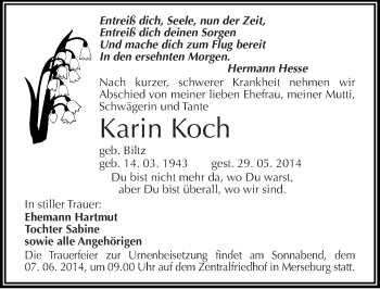 Traueranzeige von Karin Koch von Mitteldeutsche Zeitung Merseburg/Querfurt