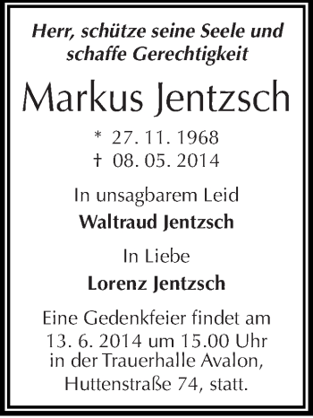 Traueranzeige von Markus Jentzsch von Mitteldeutsche Zeitung Halle/Saalkreis
