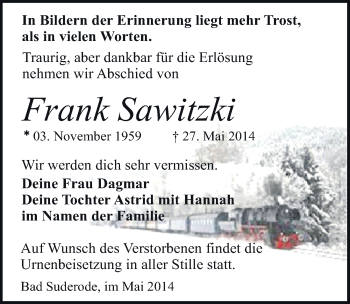 Traueranzeige von Frank Sawitzki von Mitteldeutsche Zeitung Quedlinburg