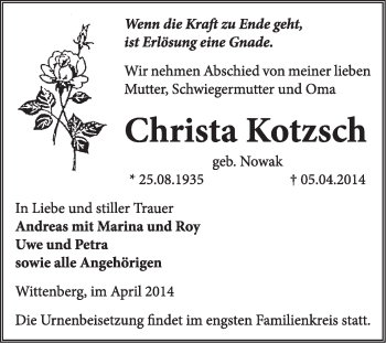 Traueranzeige von Christa Kotzsch von WVG - Wochenspiegel Wittenberg