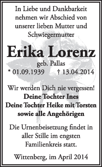 Traueranzeige von Erika Lorenz von WVG - Wochenspiegel Wittenberg