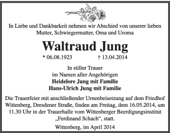 Traueranzeige von Waltraud Jung von WVG - Wochenspiegel Wittenberg