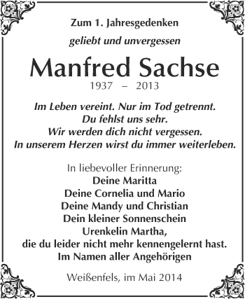 Traueranzeige von Manfred Sachse von WVG - Wochenspiegel NMB / WSF / ZTZ