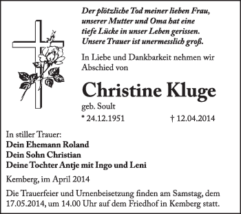 Traueranzeige von Christine Kluge von WVG - Wochenspiegel Wittenberg