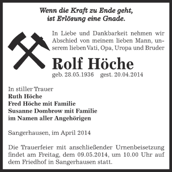 Traueranzeige von Rolf Höche von Super Sonntag SGH Mansf. Land
