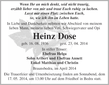 Traueranzeige von Heinz Dose von WVG - Wochenspiegel Merseburg