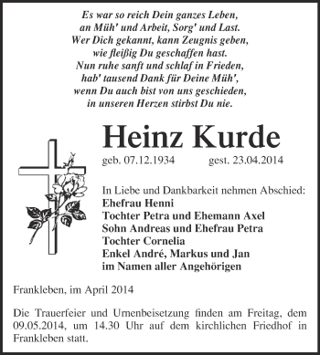 Traueranzeige von Heinz Kurde von WVG - Wochenspiegel Merseburg
