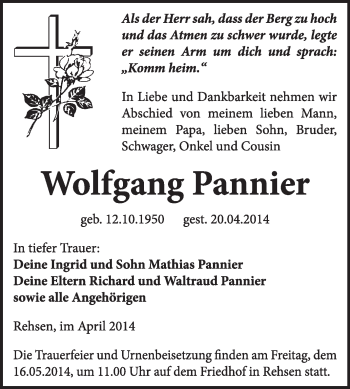Traueranzeige von Wolfgang Pannier von WVG - Wochenspiegel Wittenberg