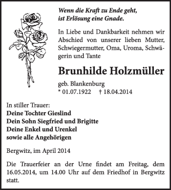 Traueranzeige von Brunhilde Holzmüller von WVG - Wochenspiegel Wittenberg