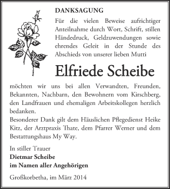 Traueranzeige von Elfriede Scheibe von Super Sonntag Merseburg