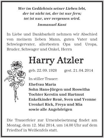 Traueranzeige von Harry Atzler von Super Sonntag Merseburg