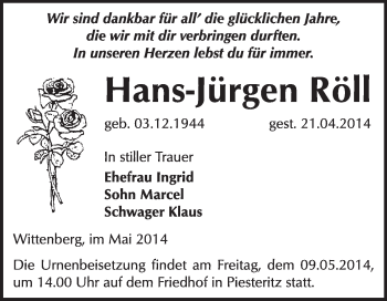 Traueranzeige von Hans-Jürgen Röll von WVG - Wochenspiegel Wittenberg