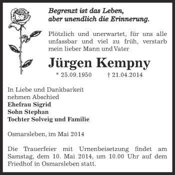 Traueranzeige von Jürgen Kempny von Super Sonntag Bernburg