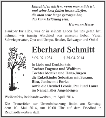 Traueranzeige von Eberhard Schmitt von Super Sonntag Merseburg
