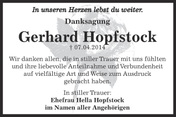 Traueranzeige von Gerhard Hopfstock von Super Sonntag Bernburg