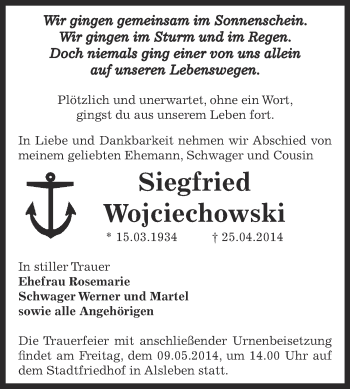 Traueranzeige von Siegfried Wojciechowski von Super Sonntag Bernburg