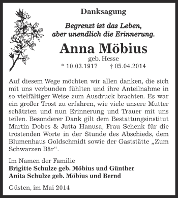 Traueranzeige von Anna Möbius von Super Sonntag Bernburg