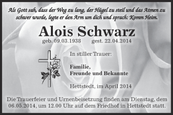 Traueranzeige von Alois Schwarz von Super Sonntag SGH Mansf. Land