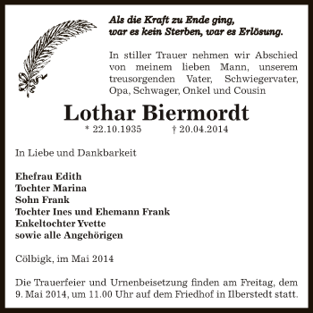 Traueranzeige von Lothar Biermordt von Super Sonntag Bernburg