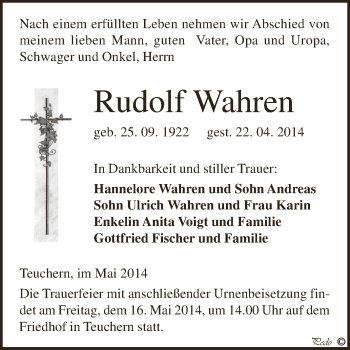 Traueranzeige von Rudolf Wahren von Super Sonntag Zeitz