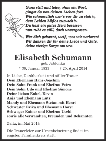 Traueranzeige von Elisabeth Schumann von Super Sonntag Zeitz