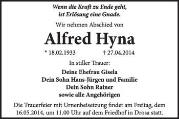 Traueranzeige von Alfred Hyna von Super Sonntag Dessau / Köthen