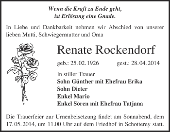 Traueranzeige von Renate Rockendorf von Super Sonntag Merseburg