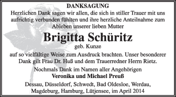 Traueranzeige von Brigitta Schüritz von Super Sonntag Dessau / Köthen