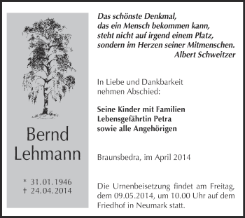 Traueranzeige von Bernd Lehmann von WVG - Wochenspiegel Merseburg