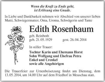 Traueranzeige von Edith Rosenbaum von Super Sonntag Merseburg