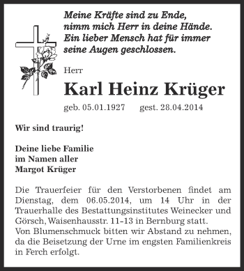Traueranzeige von Karl Heinz Krüger von Super Sonntag Bernburg