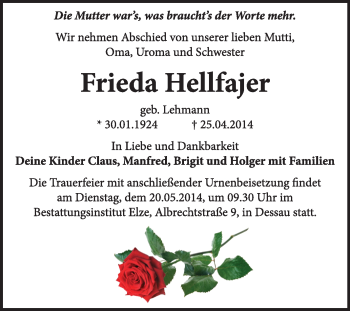 Traueranzeige von Frieda Hellfajer von Super Sonntag Dessau / Köthen