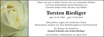 Traueranzeige von Torsten Riediger von WVG - Wochenspiegel Aschersleben