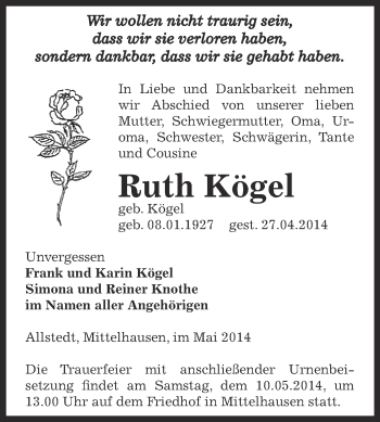Traueranzeige von Ruth Kögel von Super Sonntag SGH Mansf. Land