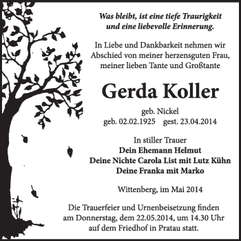 Traueranzeige von Gerda Koller von WVG - Wochenspiegel Wittenberg