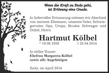Traueranzeige von Hartmut Kölbel von Super Sonntag Zeitz