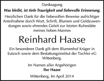 Traueranzeige von Reinhard Haase von WVG - Wochenspiegel Wittenberg