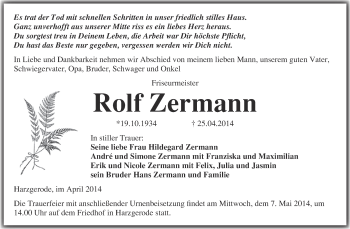 Traueranzeige von Rolf Zermann von WVG - Wochenspiegel Quedlinburg