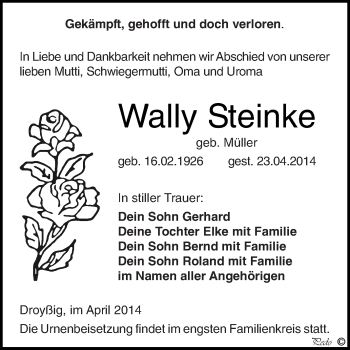 Traueranzeige von Wally Steinke von Super Sonntag Zeitz