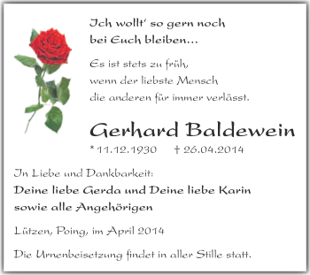 Traueranzeige von Gerhard Baldewein von Super Sonntag Merseburg