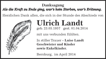 Traueranzeige von Ulrich Landt von Super Sonntag Bernburg
