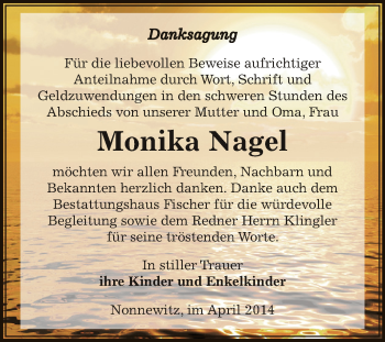 Traueranzeige von Monika Nagel von Super Sonntag Zeitz