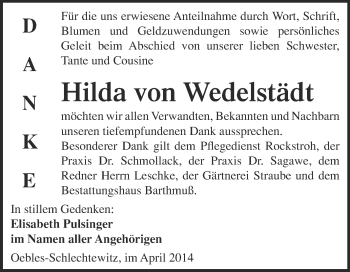 Traueranzeige von Hilda von Wedelstädt von WVG - Wochenspiegel Merseburg