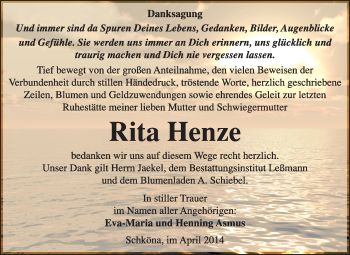 Traueranzeige von Rita Henze von WVG - Wochenspiegel Wittenberg