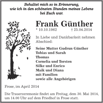 Traueranzeige von Frank Günther von Super Sonntag Aschersleben