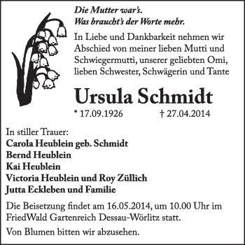 Traueranzeige von Ursula Schmidt von Super Sonntag Dessau / Köthen