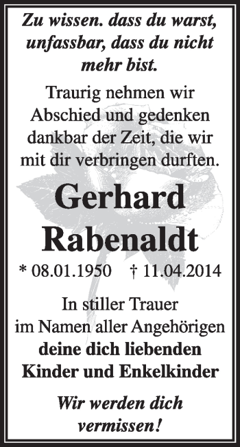 Traueranzeige von Gerhard Rabenaldt von Super Sonntag Dessau / Köthen